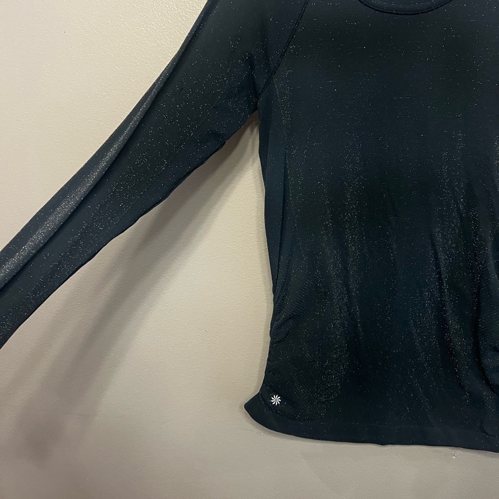 Athleta Shine Speedlight Blue Metallic Ruched Shimmer Long Sleeve Stretch Tee - Picture 2 of 6
